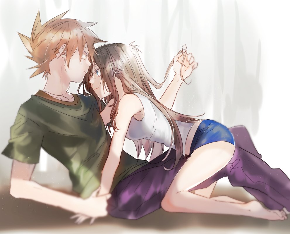 1boy, 1girl, all_fours, blue_eyes, blue_oak, blue_panties, blurry, brown_hair