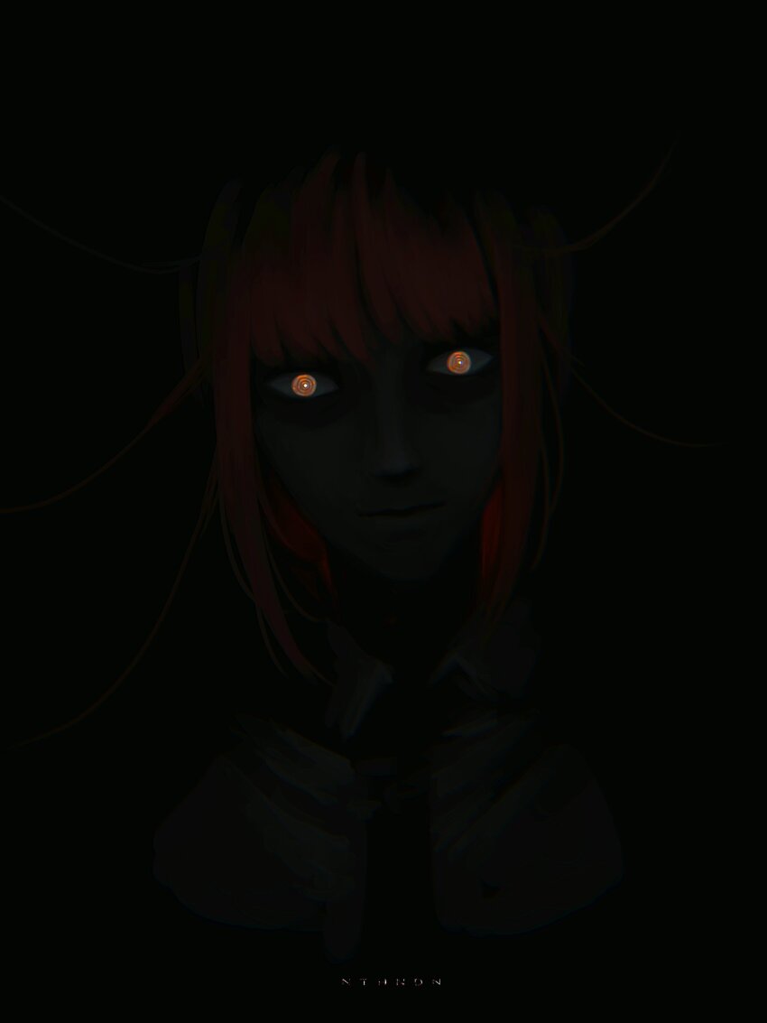 1girl, absurdres, artist_name, black_background, black_necktie, business_suit, chainsaw_man, collared_shirt