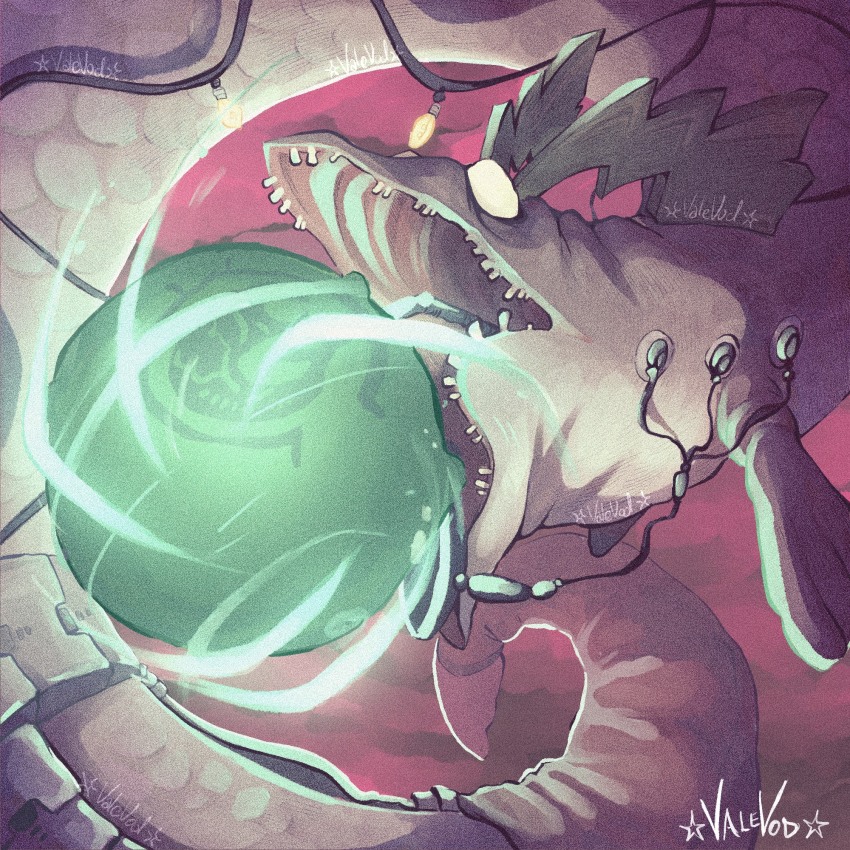 1other, artist_name, blank_eyes, crooked_teeth, electrodes, energy_ball, highres, horrorboros, monster, nintendo, no_pupils, open_mouth, red_sky, salmon_run_(splatoon), salmonid, scales, signature, sky, splatoon_(series), splatoon_3, string_of_light_bulbs, valevod