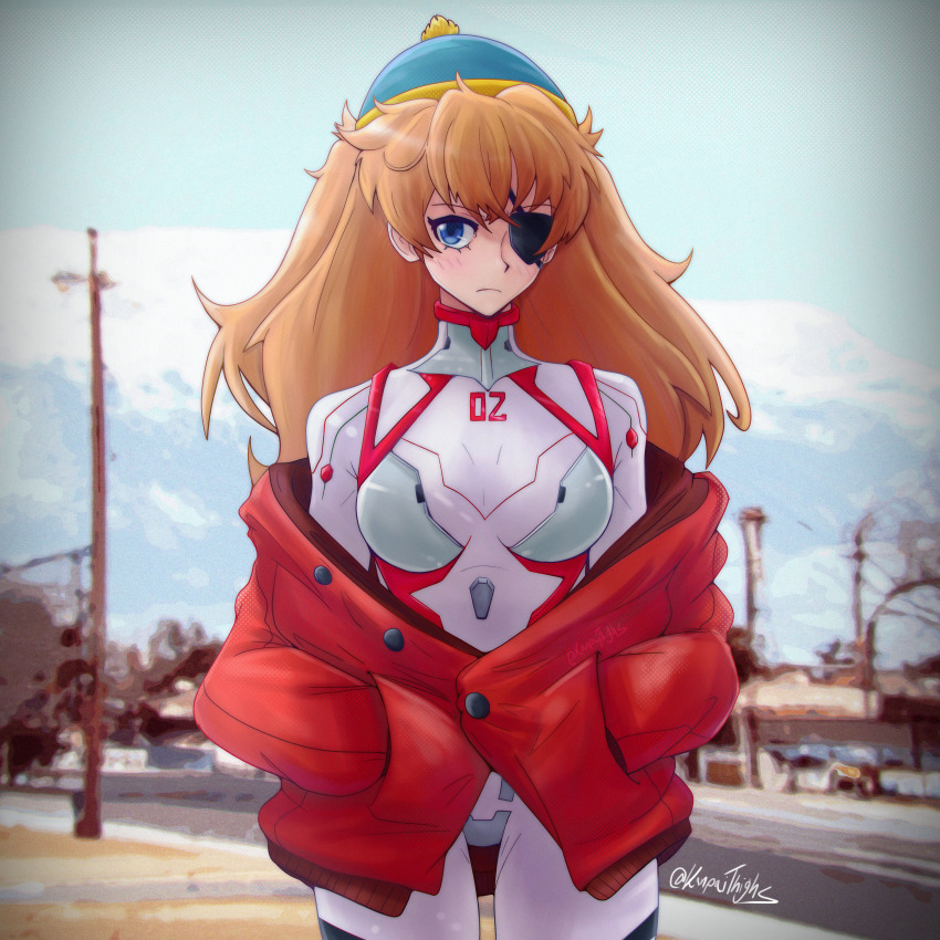 1girl, absurdres, blue_eyes, blush, bodysuit, breasts, brown_hair, cosplay, eric_cartman, eric_cartman_(cosplay), evangelion:_3.0+1.0_thrice_upon_a_time, evangelion:_3.0_you_can_(not)_redo, expressionless, eyepatch, female_focus, hair_ornament, hands_in_pockets, highres, kanpaithighs, long_hair, looking_at_viewer, mecha_pilot_suit, medium_breasts, neon_genesis_evangelion, plugsuit_(evangelion), rebuild_of_evangelion, simple_background, sky, solo, souryuu_asuka_langley, south_park, standing, twitter_username, two_side_up, white_bodysuit, wide_hips