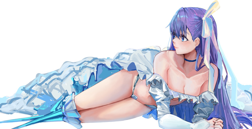 1girl, absurdres, bare_shoulders, bikini, blue_eyes, breasts, choker, cleavage, collarbone, fate/grand_order, fate_(series), frilled_bikini, frills, highres, kaze_22, korean_commentary, long_hair, long_sleeves, looking_to_the_side, lying, medium_breasts, meltryllis, meltryllis_(fate), meltryllis_(swimsuit_lancer)_(fate), meltryllis_(swimsuit_lancer)_(third_ascension)_(fate), on_side, purple_hair, ribbon, simple_background, solo, swimsuit, white_background, white_bikini