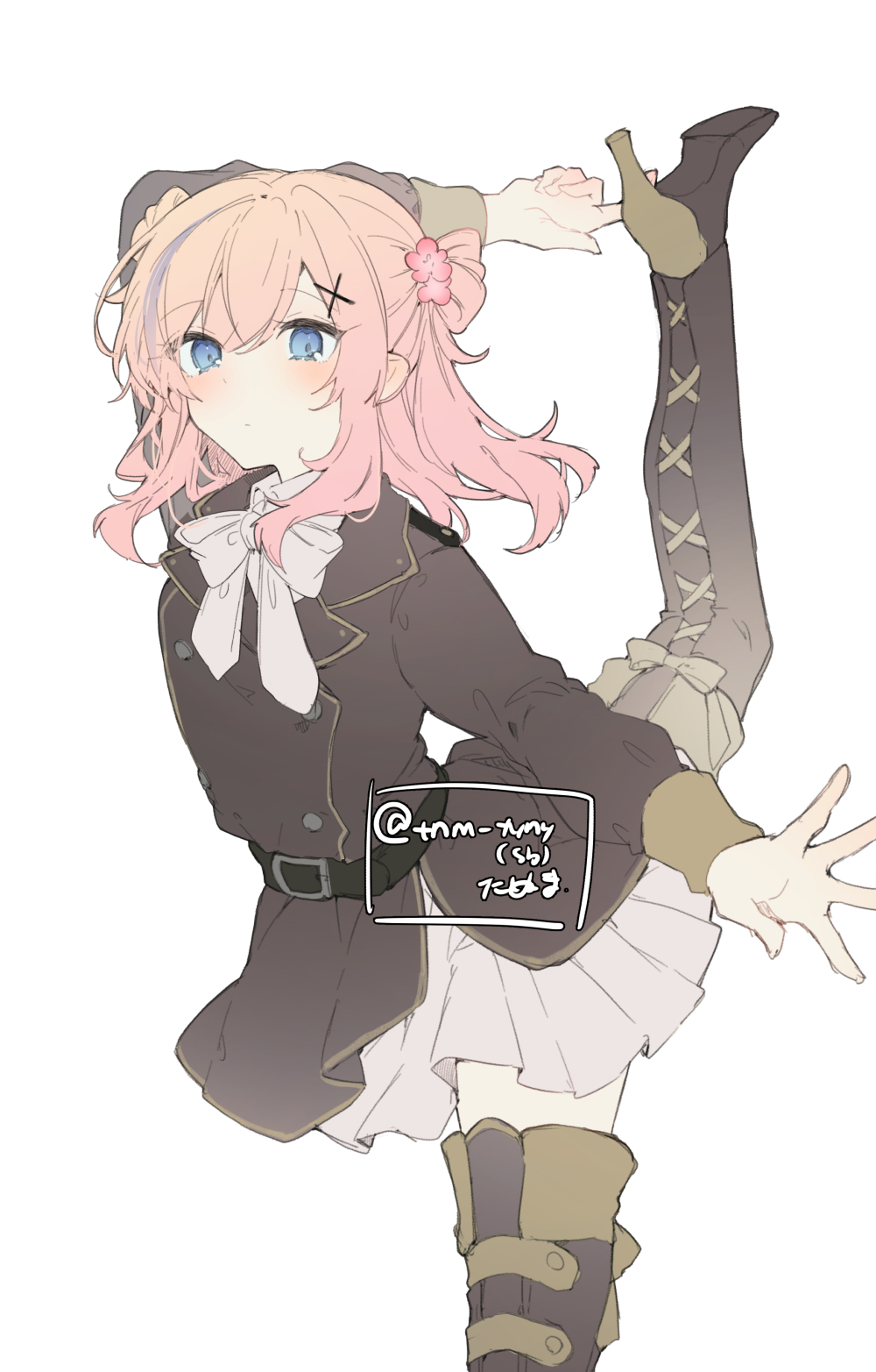 belt, black_belt, blue_eyes, blue_hair, blush, boots, brown_boots, brown_jacket