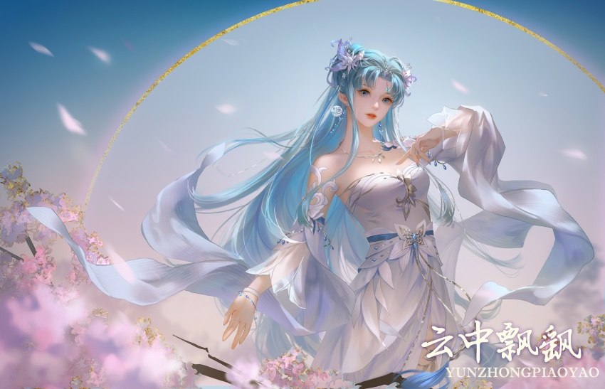 1girl, absurdres, bare_shoulders, beads, blue_eyes, blue_hair, bracelet, butterfly_hair_ornament, circle, detached_sleeves, douluo_dalu, dress, earrings, falling_petals, hair_beads, hair_ornament, highres, jewelry, long_hair, necklace, niannian_nuli_zhong, parted_lips, petals, solo, tang_wutong_(douluo_dalu), teeth, upper_body, white_dress