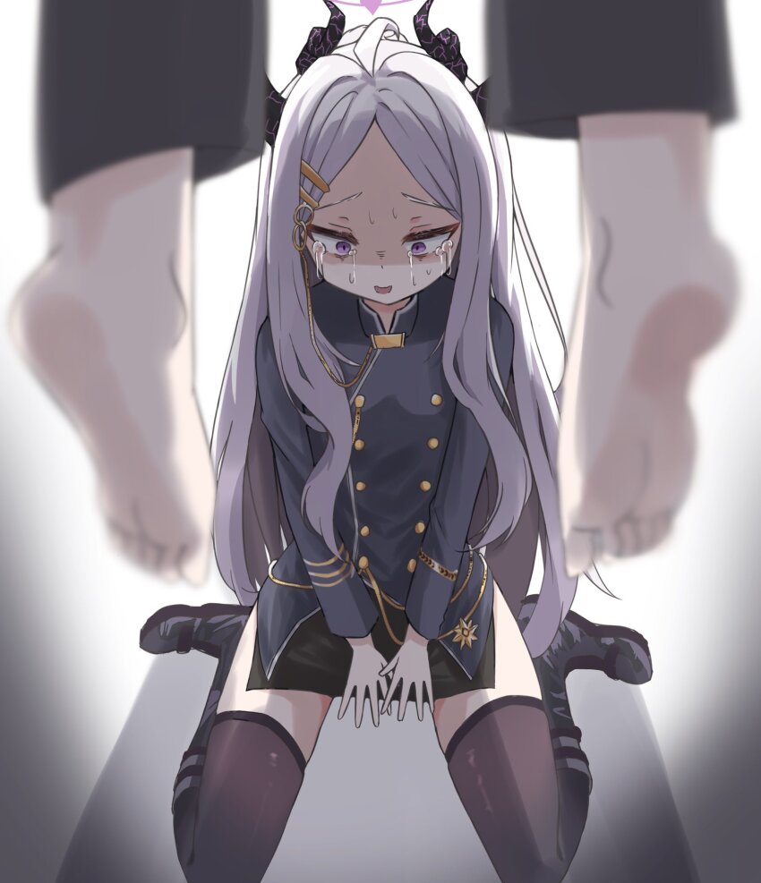 1boy, 1girl, ahoge, aiguillette, barefoot, black_footwear, black_skirt, blue_archive, blurry, blurry_foreground, boots, crying, crying_with_eyes_open, death, demon_horns, furrowed_brow, hair_ornament, hanged, highres, hina_(blue_archive), horns, knee_boots, long_hair, long_sleeves, looking_down, military, military_uniform, miniskirt, multiple_horns, nanahosi45, open_mouth, parted_bangs, purple_eyes, sitting, skirt, suicide, tears, thighhighs, wariza, white_background, white_hair