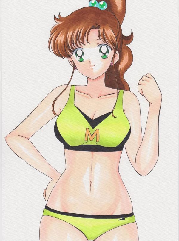 1990s_(style), 1girl, bikini, bishoujo_senshi_sailor_moon, breasts, brown_hair, clenched_hand, clothes_writing