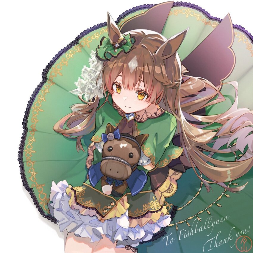 1girl, animal_ears, braid, commentary_request, commission, dress, english_text, gassan_aya, hair_ornament, hair_spread_out, half_up_braid, highres, horse, horse_ears, horse_girl, long_hair, looking_at_viewer, real_life, satono_diamond_(umamusume), simple_background, skeb_commission, smile, solo, stuffed_animal, stuffed_horse, stuffed_toy, umamusume, umamusume_horse_relations, white_background, yellow_eyes