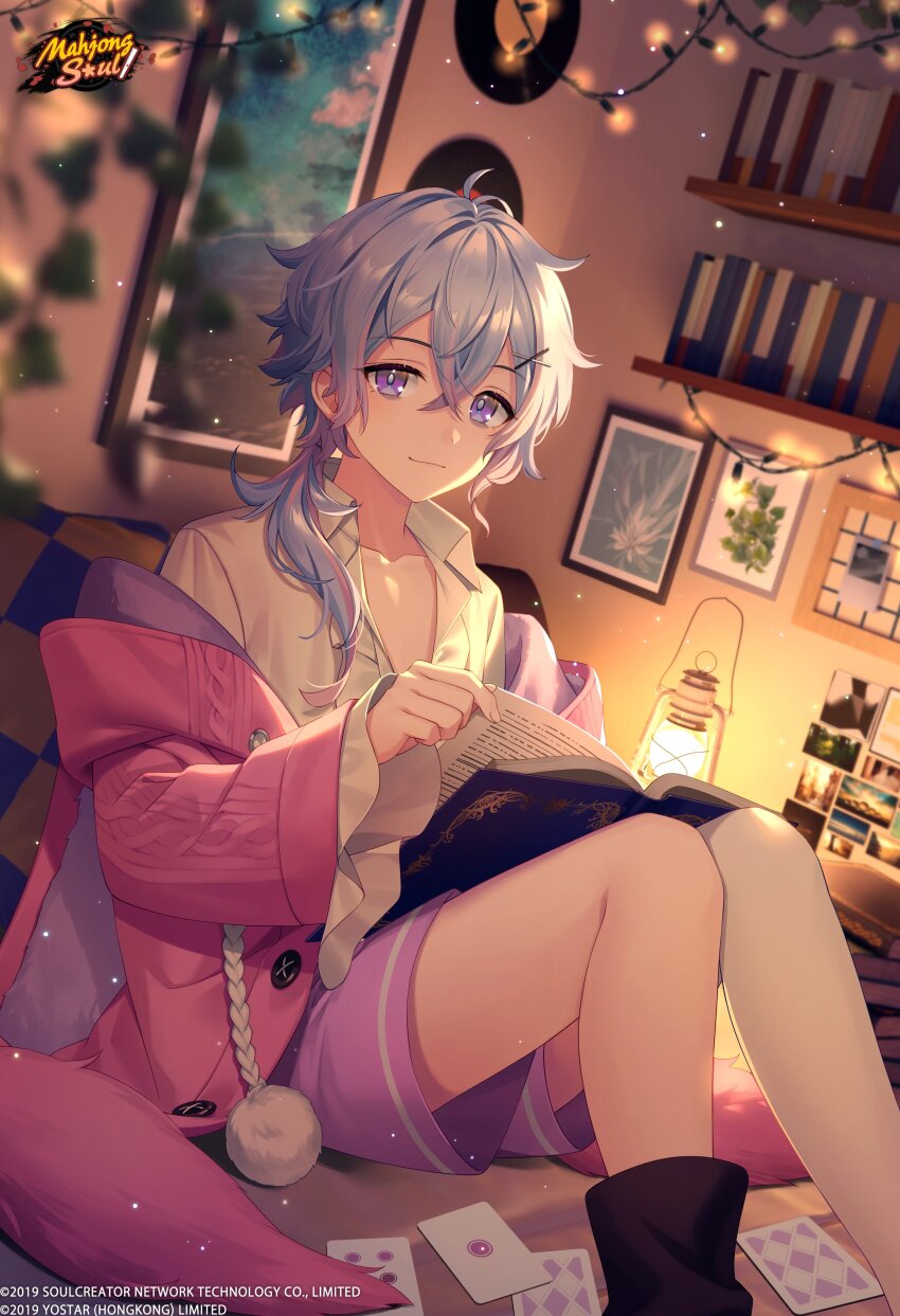 1boy, absurdres, asymmetrical_legwear, blurry, blurry_foreground, book, bshi_edayo, card