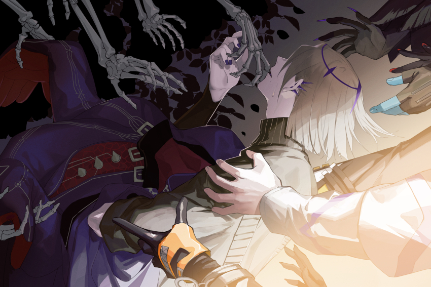 1boy, axel_syrios, banzoin_hakka, black_gloves, black_shirt, black_skin, blonde_hair, blue_skin