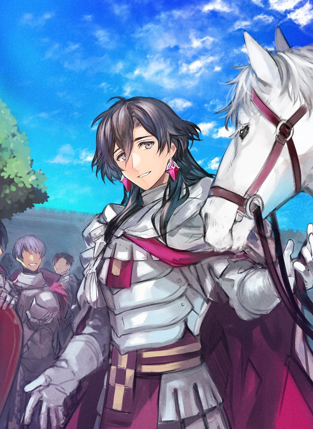 4boys, armor, black_hair, blue_sky, bridle, cloak, cloud, commentary