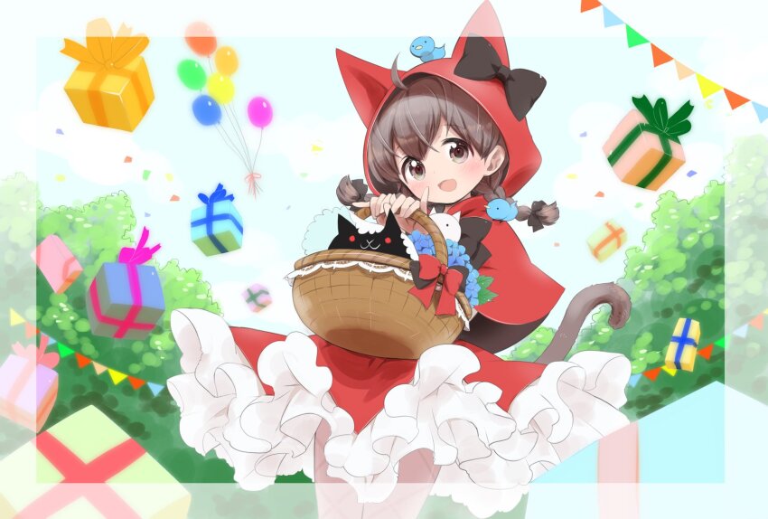 1girl, ahoge, animal_ears, balloon, bird, black_bow, black_bowtie, black_eyes