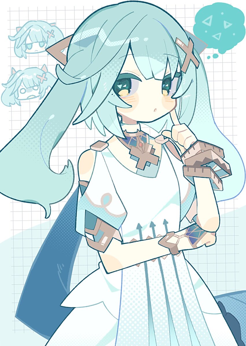 1girl, :o, aqua_hair, bracelet, chibi, chibi_inset, clothing_cutout, commentary_request