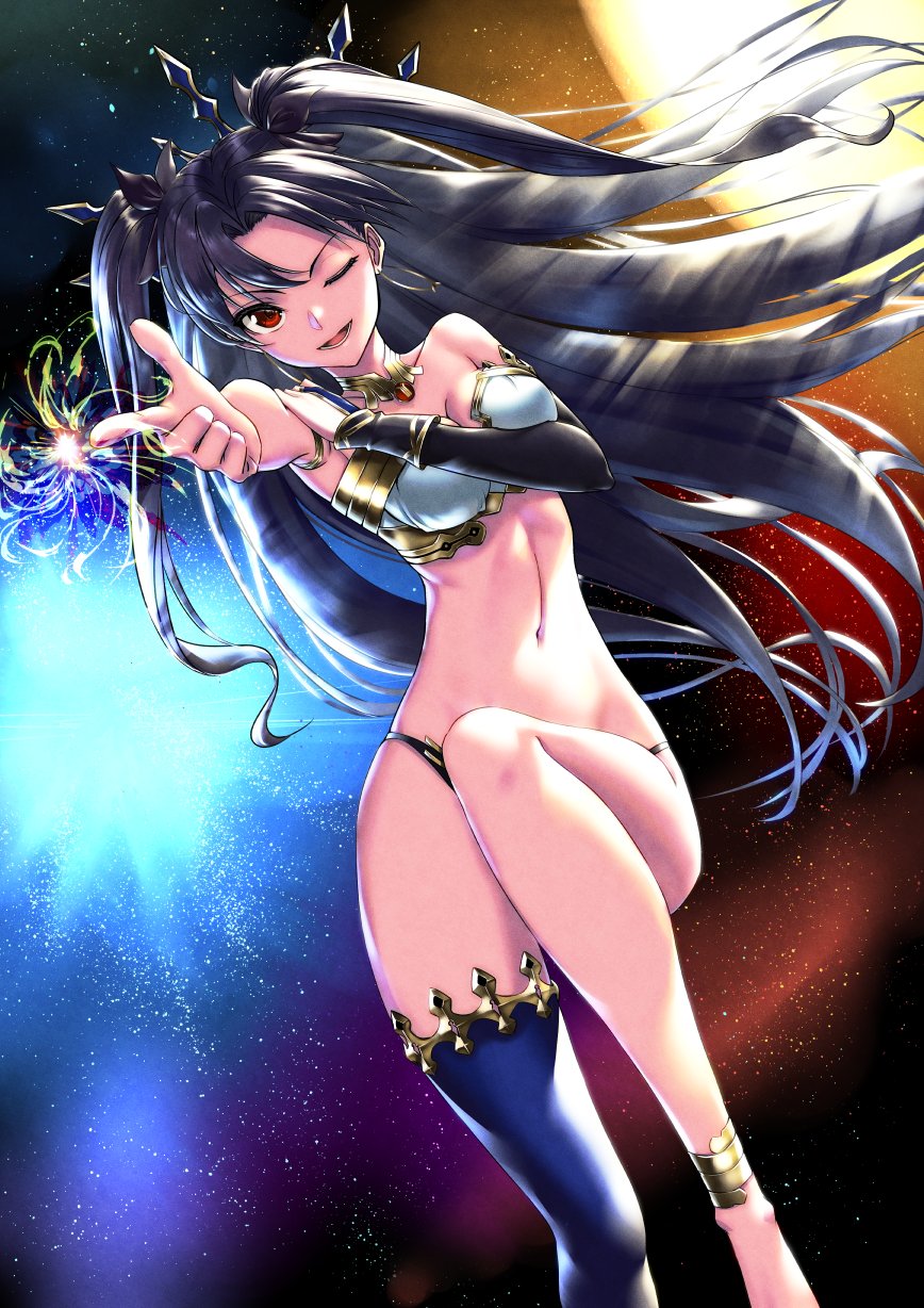 1girl, armlet, bikini, black_hair, curvy, earrings, elbow_gloves, fate/grand_order