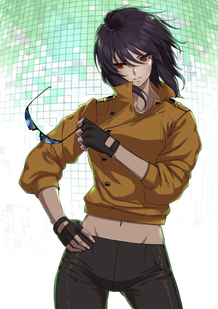 1girl, black_gloves, crop_top, unworn_eyewear, fingerless_gloves, ghost_in_the_shell, gloves, hand_on_own_hip, holding, holding_removed_eyewear, jacket, kaijin-m, kusanagi_motoko, long_sleeves, looking_to_the_side, medium_hair, navel, purple_hair, red_eyes, sunglasses, tinted_eyewear, yellow_jacket