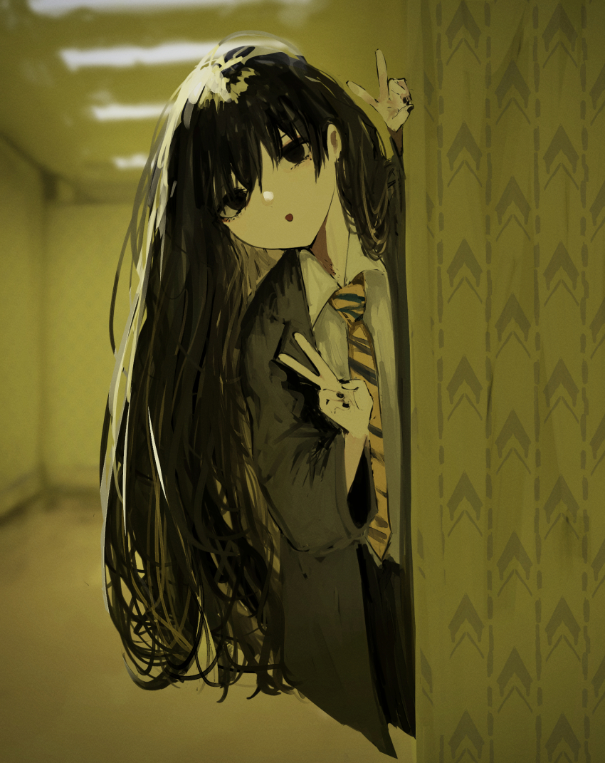 1girl, :o, aegyo_sal, backrooms_(creepypasta), black_eyes, black_hair, black_jacket, black_nails