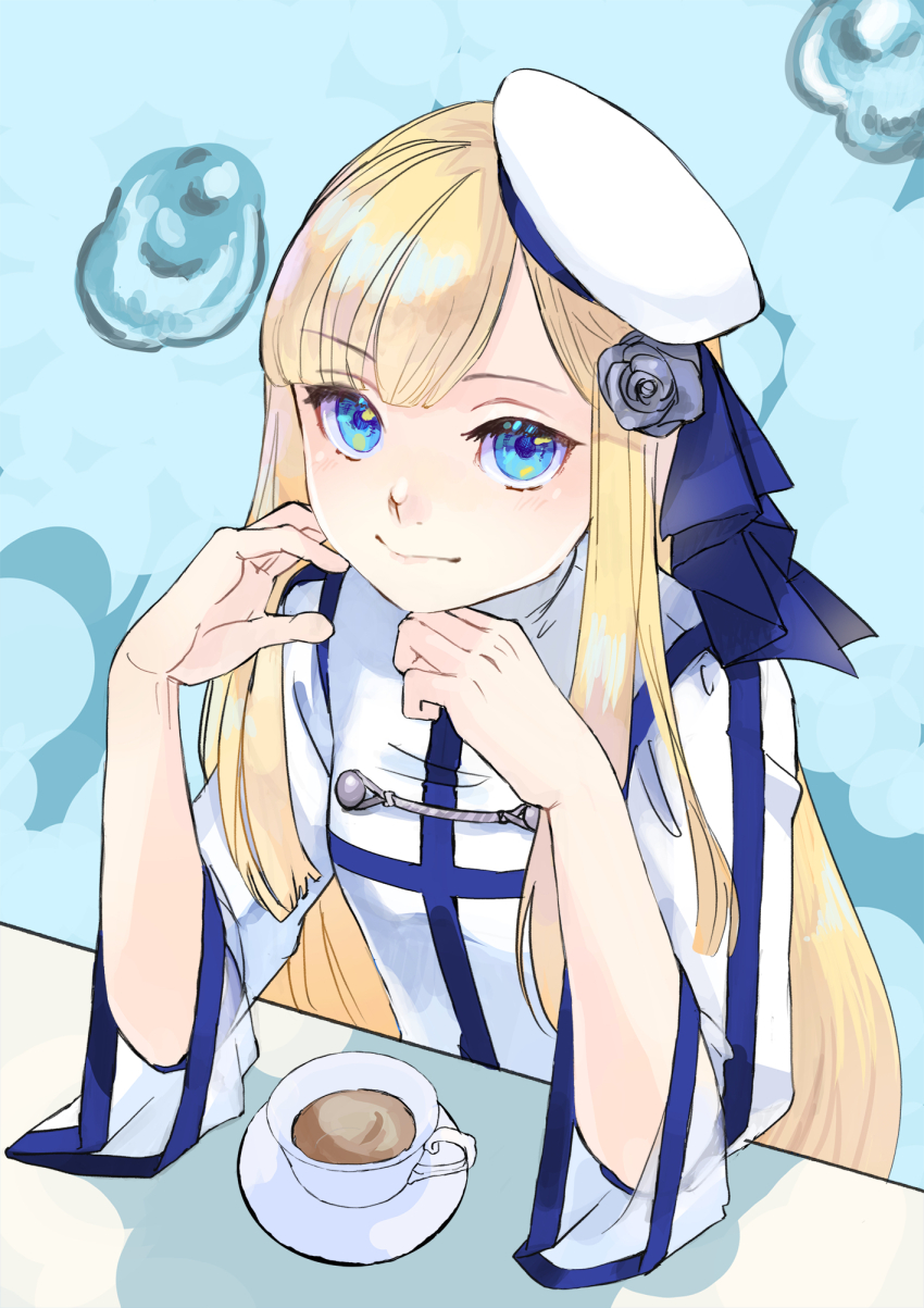 1girl, blonde_hair, blue_eyes, bubble, closed_mouth, cup, fate/grand_order, fate_(series)