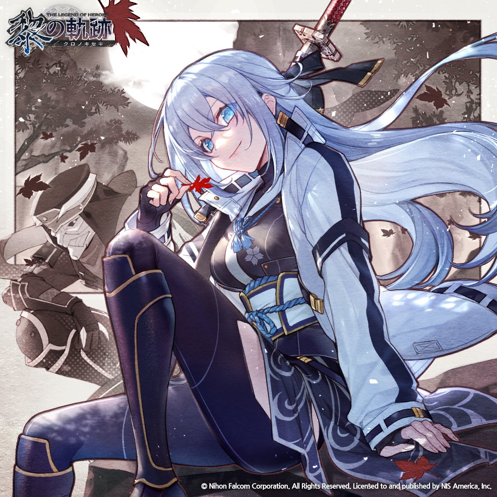 1boy, 1girl, achan_(blue_semi), blue_eyes, eiyuu_densetsu, elbow_gloves, falcom, falling_leaves, full_moon, gloves, holding, holding_leaf, jacket, kuro_no_kiseki_(series), kuro_no_kiseki_i, kurogane_(eiyuu_densetsu), leaf, long_hair, maple_leaf, mask, moon, mountain, official_art, shizuna_rem_misurugi, sitting, sword, thighhighs, weapon, white_hair