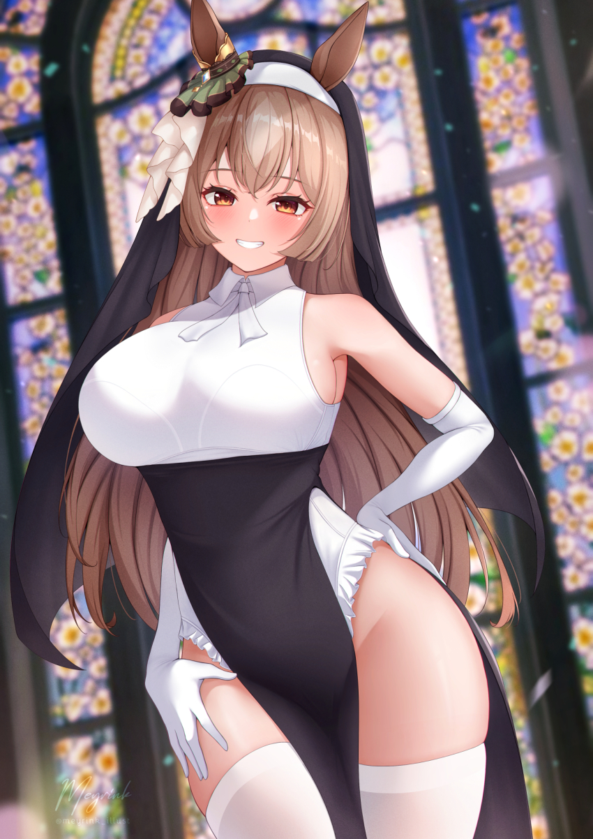 1girl, alternate_costume, animal_ears, breasts, brown_hair, commission, ear_ornament, elbow_gloves