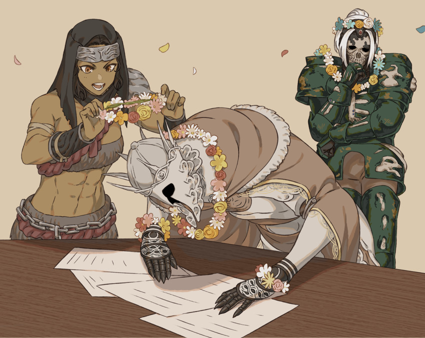 1girl, 2boys, :d, abs, arizuka_(catacombe), armor, black_gloves, brown_background, brown_hair, brown_pants, character_request, dark-skinned_female, dark_skin, elden_ring, ensha_of_the_royal_remains, flower, gauntlets, gideon_ofnir, gloves, green_armor, hand_up, head_wreath_removed, helm, helmet, holding, holding_flower, leaning_forward, multiple_boys, navel, nepheli_loux, open_mouth, pants, paper, petals, reading, simple_background, skull, smile, table, teeth, upper_body