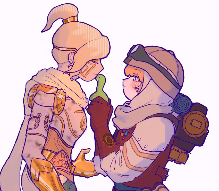 2girls, android, animification, apex_legends, backpack, bag, blonde_hair, blush, brown_gloves, brown_headwear, brown_vest, closed_eyes, eyeshadow, facial_scar, fog_(kiri_hatori), from_side, gloves, goggles, goggles_on_headwear, hair_behind_ear, hat, highres, holding, holding_stuffed_toy, looking_at_another, looking_up, makeup, marble_goddess_wraith, metal_gloves, metal_skin, multiple_girls, nessie_(respawn), object_kiss, official_alternate_costume, outlands_explorer_wattson, ponytail, scar, scar_on_cheek, scar_on_face, scarf, simple_background, smile, stuffed_toy, vest, wattson_(apex_legends), white_hair, white_scarf, wraith_(apex_legends), yellow_eyeshadow, yellow_gloves