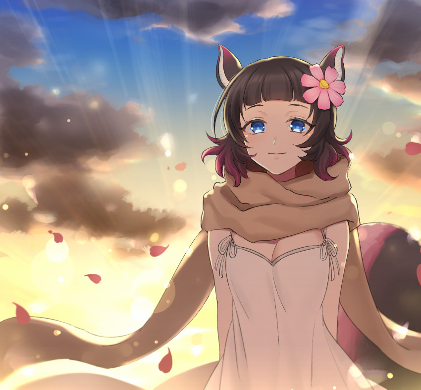 1girl, animal_ears, breasts, brown_hair, brown_scarf, cleavage, closed_mouth, cloud, cloudy_sky, flower, hair_flower, hair_ornament, haraiku_(show_by_rock!!), highres, looking_at_viewer, medium_breasts, mel6969, multicolored_hair, pink_flower, pink_hair, scarf, short_hair, show_by_rock!!, sky, smile, solo, squirrel_ears, squirrel_girl, sunset, tank_top, white_tank_top