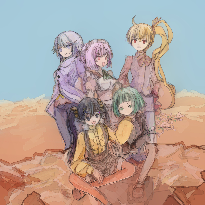 >:), 5girls, 86thunder, :d, ahoge, arms_at_sides, ascot, blonde_hair, blue_pants, blue_sky, blunt_bangs, branch, brown_dress, brown_hair, brown_shorts, buttons, closed_mouth, collared_shirt, desert, dot_nose, dress, framed_breasts, frilled_sleeves, frills, green_ascot, green_eyes, green_hair, grey_hair, grey_pants, grey_shorts, grey_thighhighs, grey_vest, hair_ornament, hair_scrunchie, hand_on_another's_chin, high_collar, highres, hozumi_shizuku, hozumi_shizuku_(winter_costume), jojo_no_kimyou_na_bouken, lapels, layered_shirt, layered_sleeves, long_hair, looking_at_another, looking_at_viewer, low-tied_sidelocks, magia_record:_mahou_shoujo_madoka_magica_gaiden, mahou_shoujo_madoka_magica, maid, maid_headdress, makino_ikumi, makino_ikumi_(maid_costume), mariko_ayaka, mariko_ayaka_(winter_costume), midori_ryo, midori_ryo_(halloween_costume), miyako_hinano, multiple_girls, neck_ribbon, no_nose, official_alternate_costume, open_mouth, orange_pantyhose, outdoors, pants, pantyhose, pink_eyes, pink_hair, plaid_clothes, plaid_shorts, puffy_short_sleeves, puffy_sleeves, purple_eyes, purple_sweater, quad_tails, red_eyes, red_ribbon, red_shirt, ribbon, scrunchie, shirt, shoes, short_bangs, short_hair, short_sleeves, shorts, side_ponytail, sidelocks, sitting, sky, smile, standing, stardust_crusaders, striped_clothes, striped_shorts, sweater, thighhighs, v-shaped_eyebrows, very_long_hair, vest, wavy_hair, yellow_scrunchie, yellow_shirt