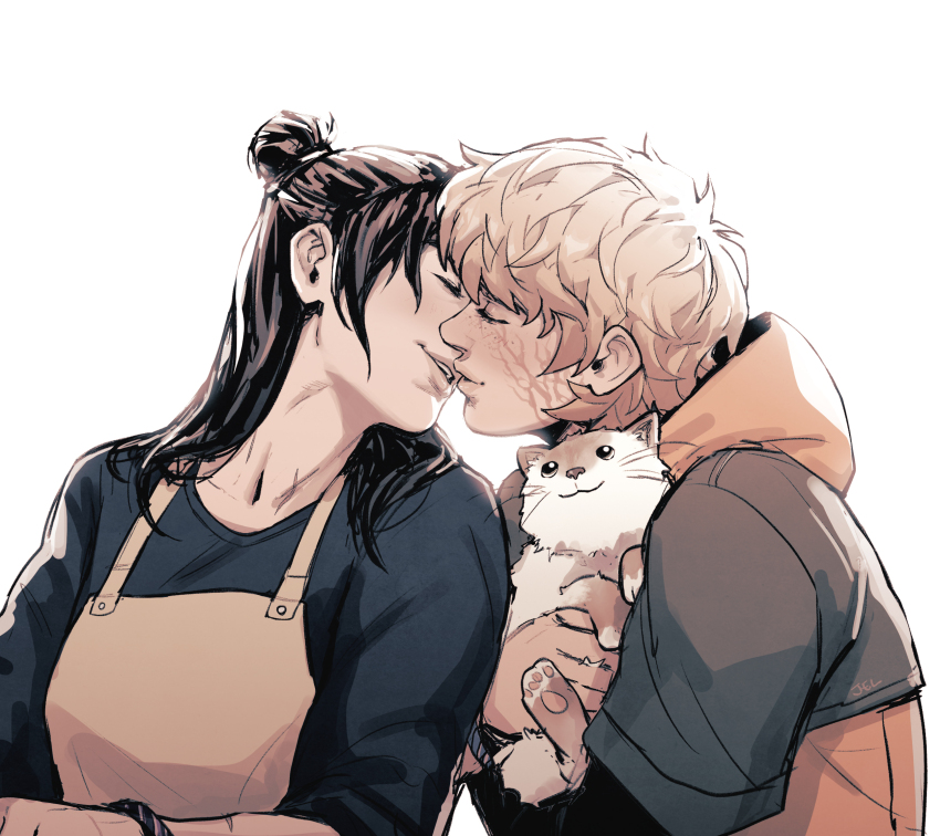 2girls, animal, apex_legends, apron, black_hair, black_shirt, brown_apron, cat