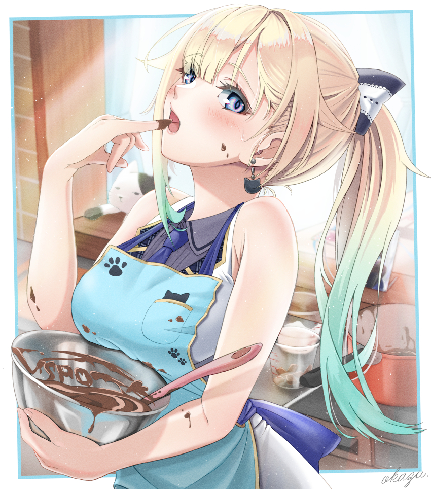 1girl, absurdres, aizawa_ema, aizawa_ema_(2nd_costume), apron, bare_shoulders, blonde_hair, blue_apron