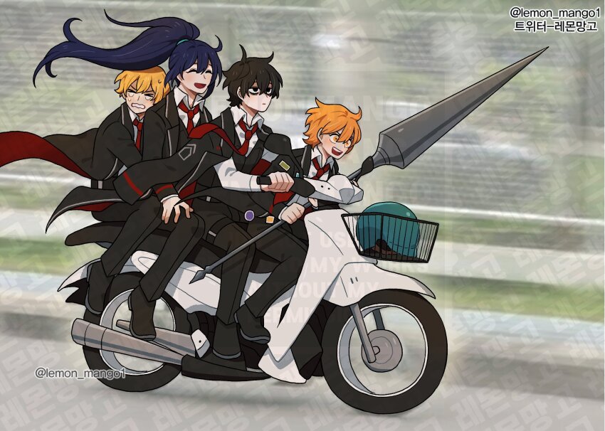 >:), 1girl, 3boys, :d, bags_under_eyes, black_coat, black_jacket, black_pants