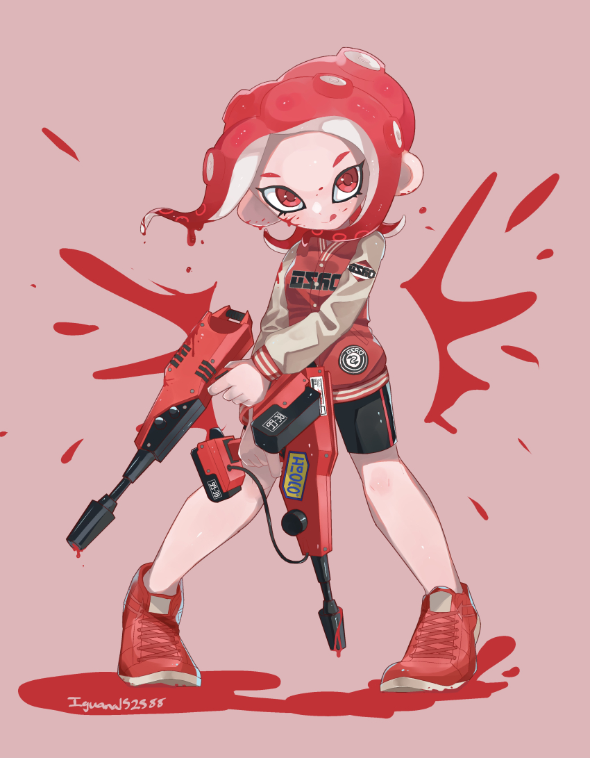 1girl, :q, absurdres, artist_name, bike_shorts, black_shorts, blush, buttons, closed_mouth, commentary_request, dual_wielding, dualie_squelchers_(splatoon), eyelashes, forehead, full_body, gun, highres, holding, holding_gun, holding_weapon, iguana152588, jacket, letterman_jacket, licking_lips, long_sleeves, looking_at_viewer, medium_hair, nintendo, octoling, octoling_girl, octoling_player_character, paint, paint_splatter, parted_bangs, purple_background, red_eyes, red_hair, red_jacket, red_shoes, shoes, short_eyebrows, short_shorts, shorts, simple_background, smile, sneakers, solo, splatoon_(series), splatoon_2, standing, suction_cups, tentacle_hair, tongue, tongue_out, weapon