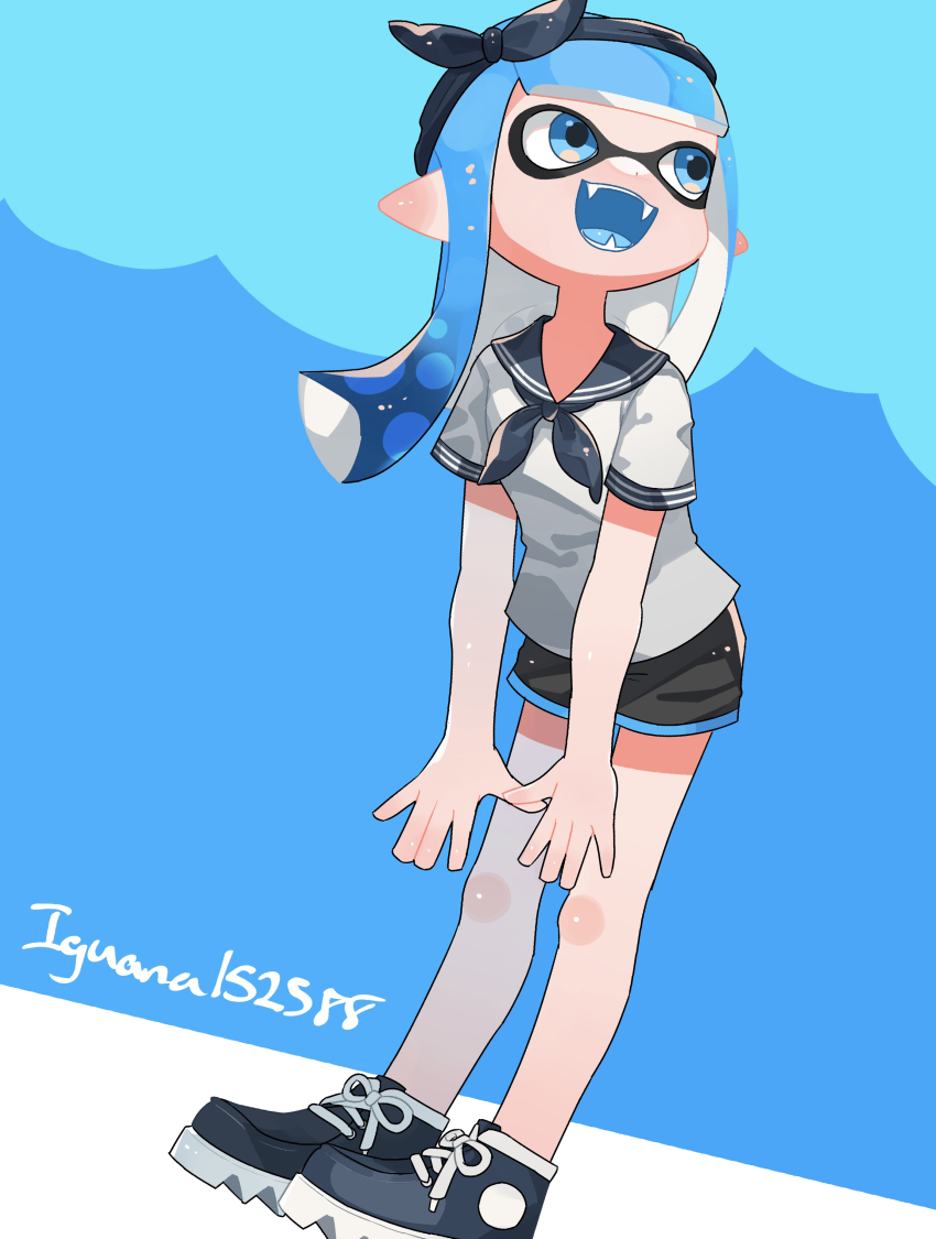 1girl, :d, absurdres, artist_name, black_hairband, black_shorts, blue_background, blue_eyes