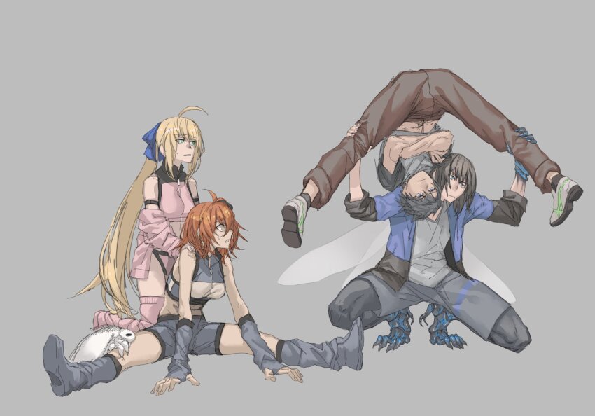 2boys, 2girls, ahoge, arm_warmers, artoria_caster_(counter_stretch)_(fate), artoria_caster_(fate), artoria_pendragon_(fate), black_hair