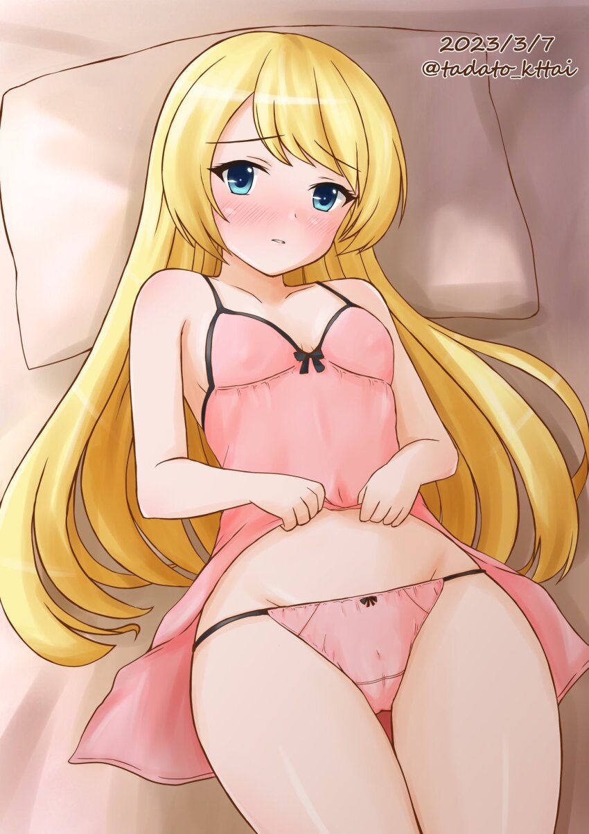 1girl, blonde_hair, blue_eyes, blush, breasts, cameltoe, collarbone, commentary_request, covered_erect_nipples, covered_navel, crotch_seam, dated, groin, highres, jervis_(kancolle), kamiya_tadato, kantai_collection, lifting_own_clothes, lying, nose_blush, one-hour_drawing_challenge, panties, pillow, pink_negligee, pink_panties, small_breasts, solo, thigh_gap, twitter_username, underwear