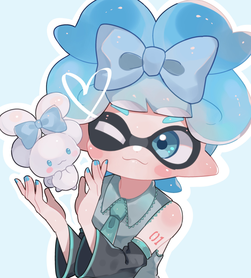 1girl, :3, ;3, absurdres, aqua_necktie, arm_tattoo, bare_shoulders, black_sleeves