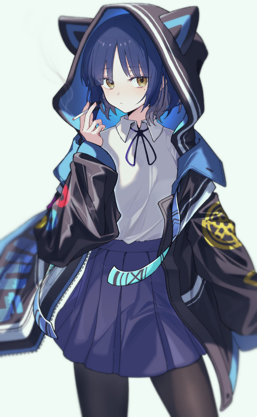 1girl, absurdres, animal_ears, black_hoodie, black_pantyhose, blue_hair, blue_ribbon, blue_skirt