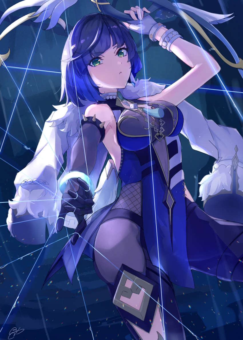 1girl, 310setsu, asymmetrical_gloves, bare_shoulders, black_gloves, blue_hair, bow_(weapon), breasts