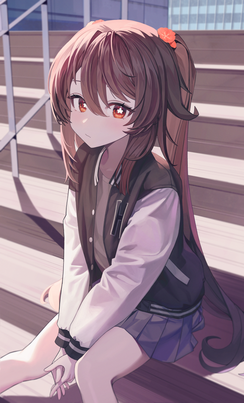 1girl, :/, absurdres, alternate_costume, black_jacket, blue_skirt, bright_pupils, brown_hair