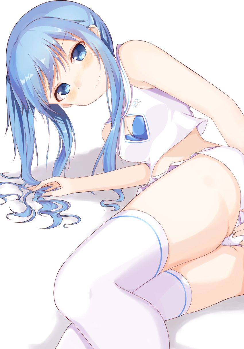 1girl, bare_arms, bare_shoulders, bemani, blue_bra, blue_eyes, blue_hair, blush