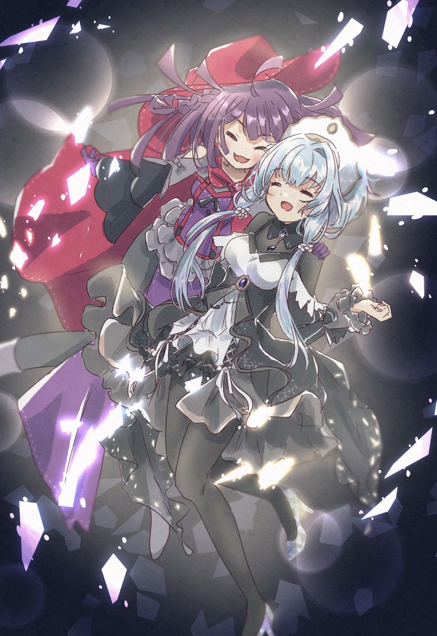 2girls, :3, :d, absurdres, ahoge, arm_at_side, black_collar, black_skirt