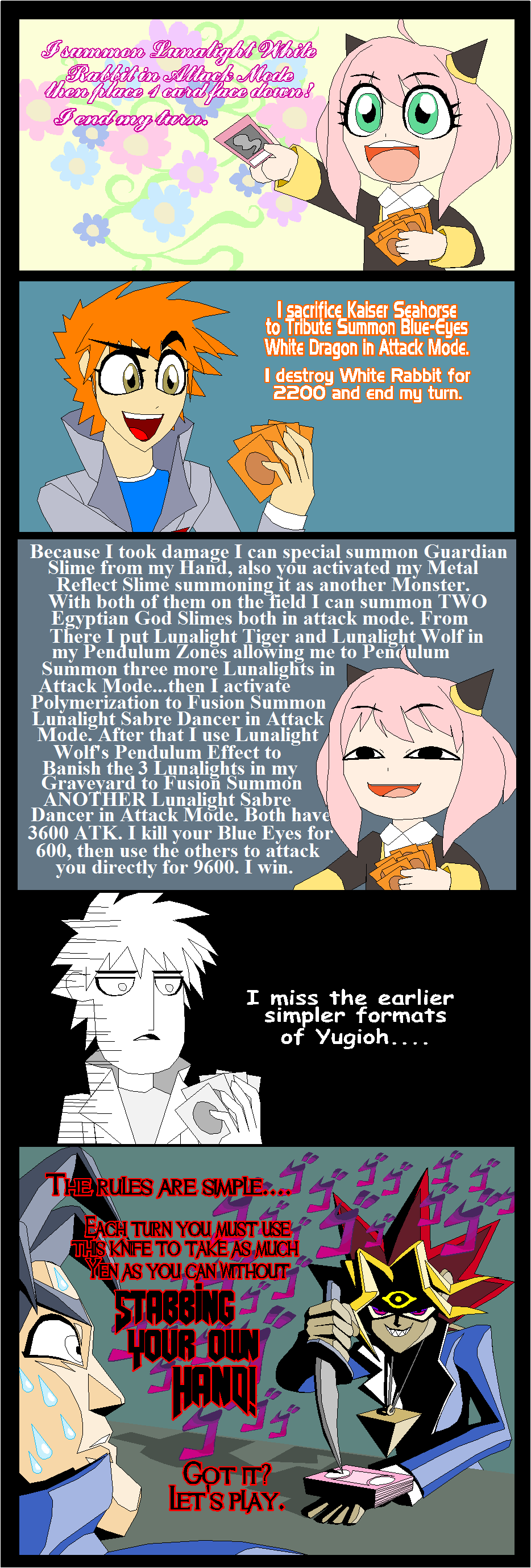 absurdres, anya's_heh_face_(meme), anya_(spy_x_family), banknote, bleach, child, comic, crossover, english_text, highres, knife, kurosaki_ichigo, meme, menacing_(jojo), money, muto_yugi, non-web_source, one-punch_man, parody, playing_card_game, playing_games, self-upload, spy_x_family, terry_jones_(tyrranux), ushio_tetsu, yami_yugi, yen, yu-gi-oh!, yu-gi-oh!_duel_monsters