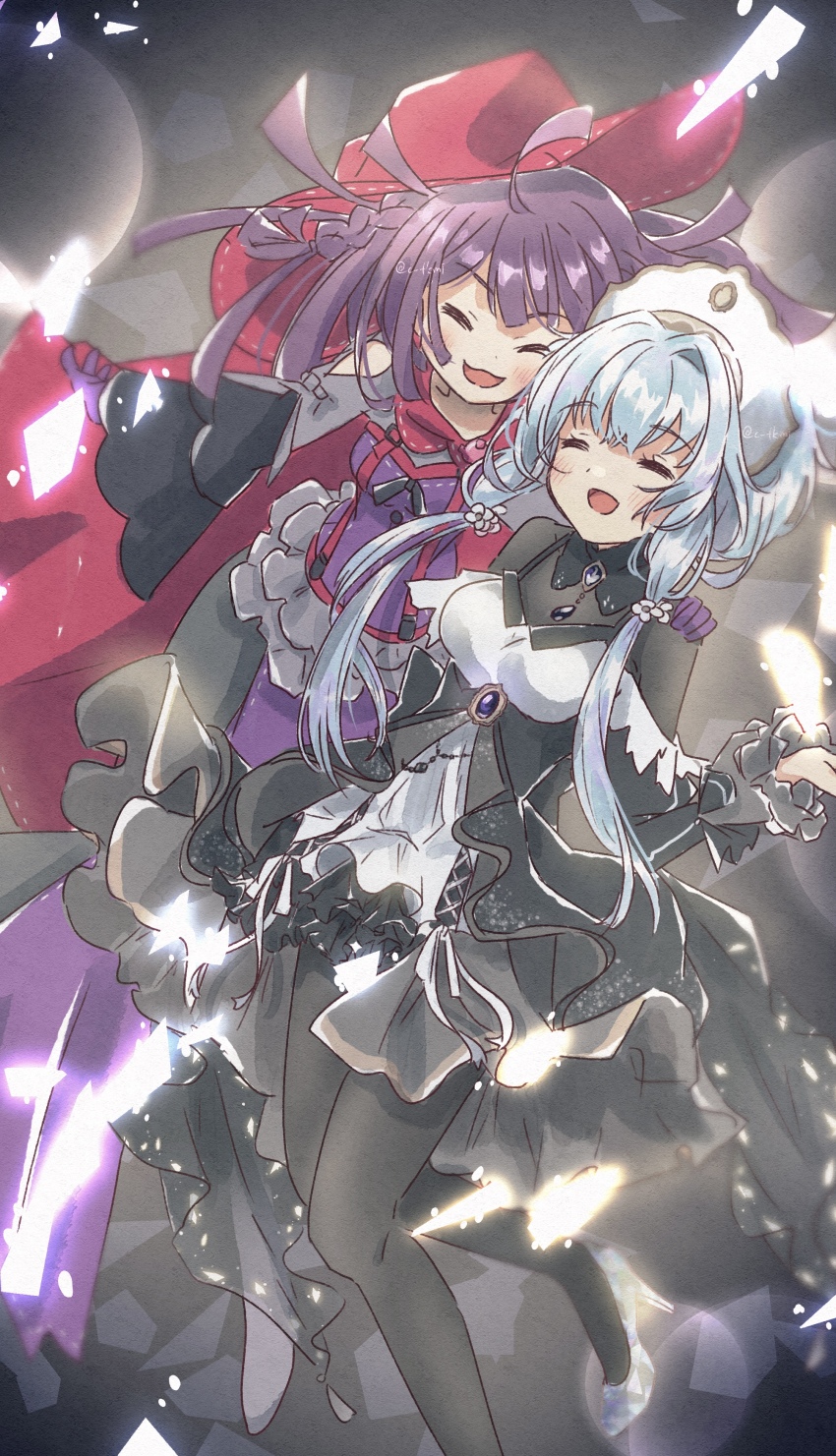 2girls, :3, :d, absurdres, ahoge, arm_at_side, black_collar, black_skirt