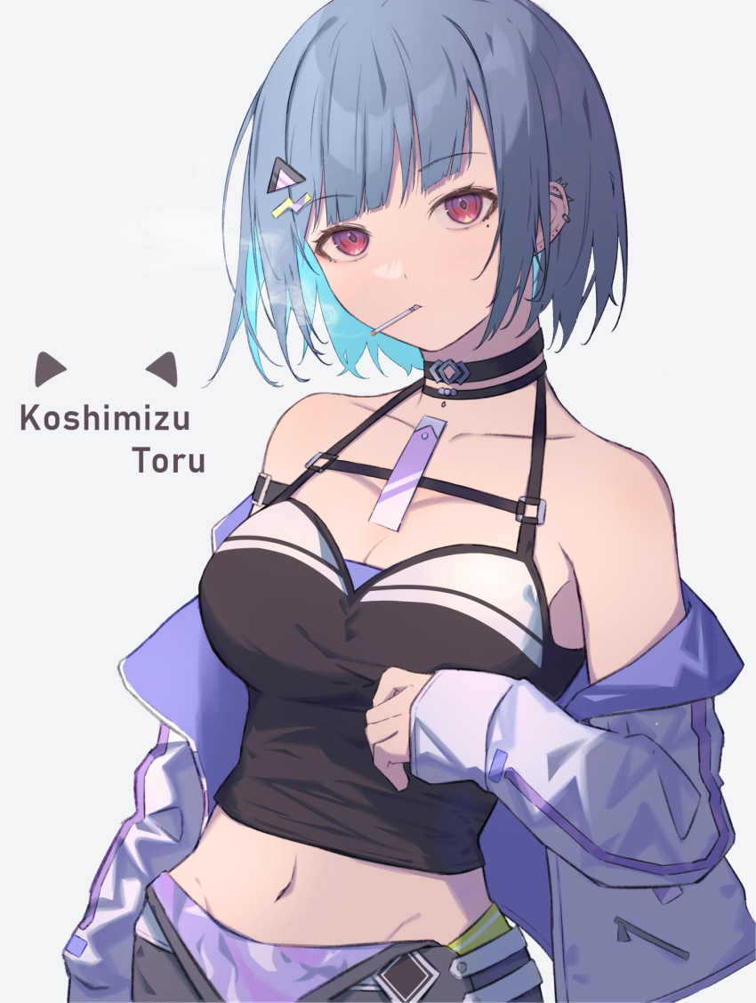 1girl, black_camisole, black_choker, blunt_bangs, breasts, camisole, character_name, choker