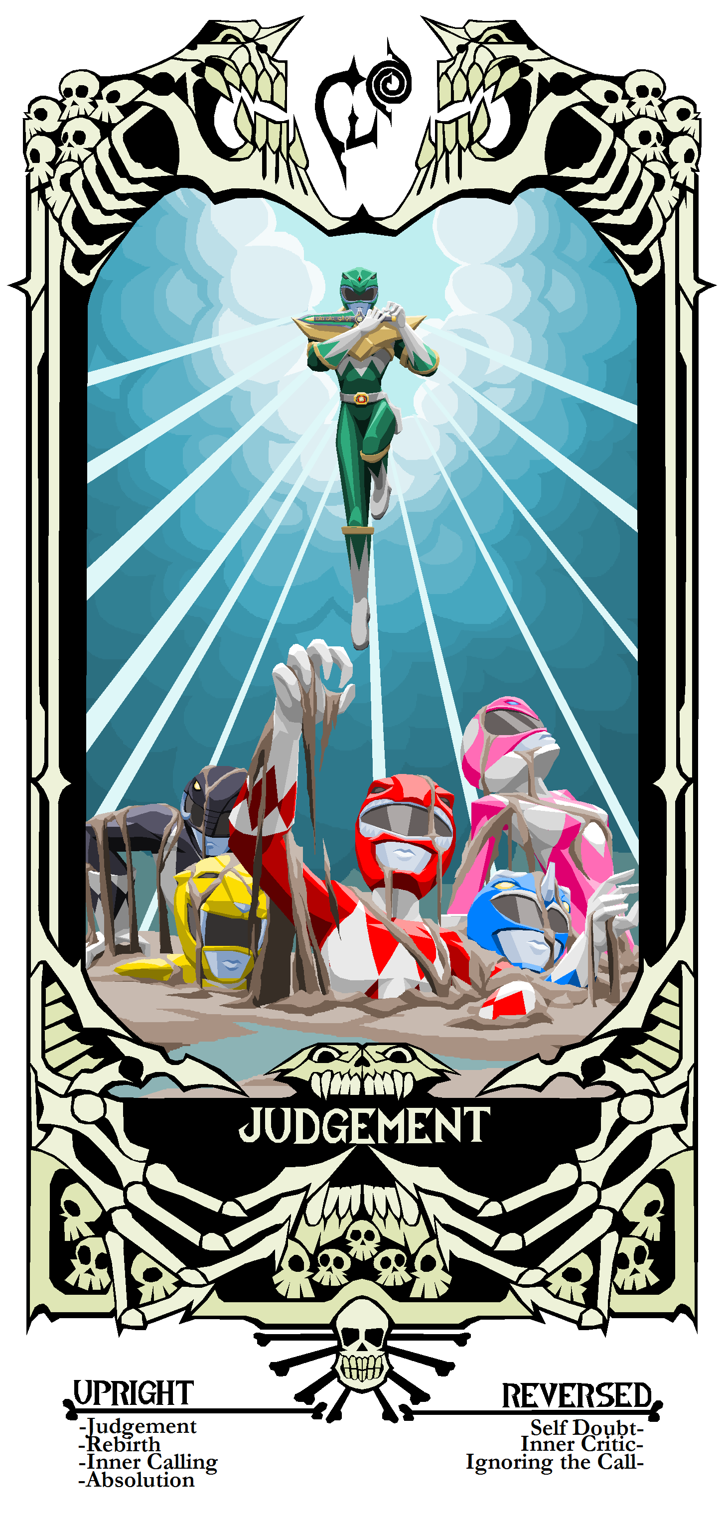 absurdres, card_(medium), cloud, cloudy_sky, dino_buckler, dirt, dragon_ranger, highres, judgement_(tarot), kyouryuu_sentai_zyuranger, mammoth_ranger, mighty_morphin_black_ranger, mighty_morphin_blue_ranger, mighty_morphin_pink_ranger, mighty_morphin_power_rangers, mighty_morphin_red_ranger, mighty_morphin_yellow_ranger, mud, power_rangers, ptera_ranger, skeleton, skull, sky, sunlight, super_sentai, tarot, tarot_(medium), terry_jones_(tyrranux), tiger_ranger, tricera_ranger, tyranno_ranger