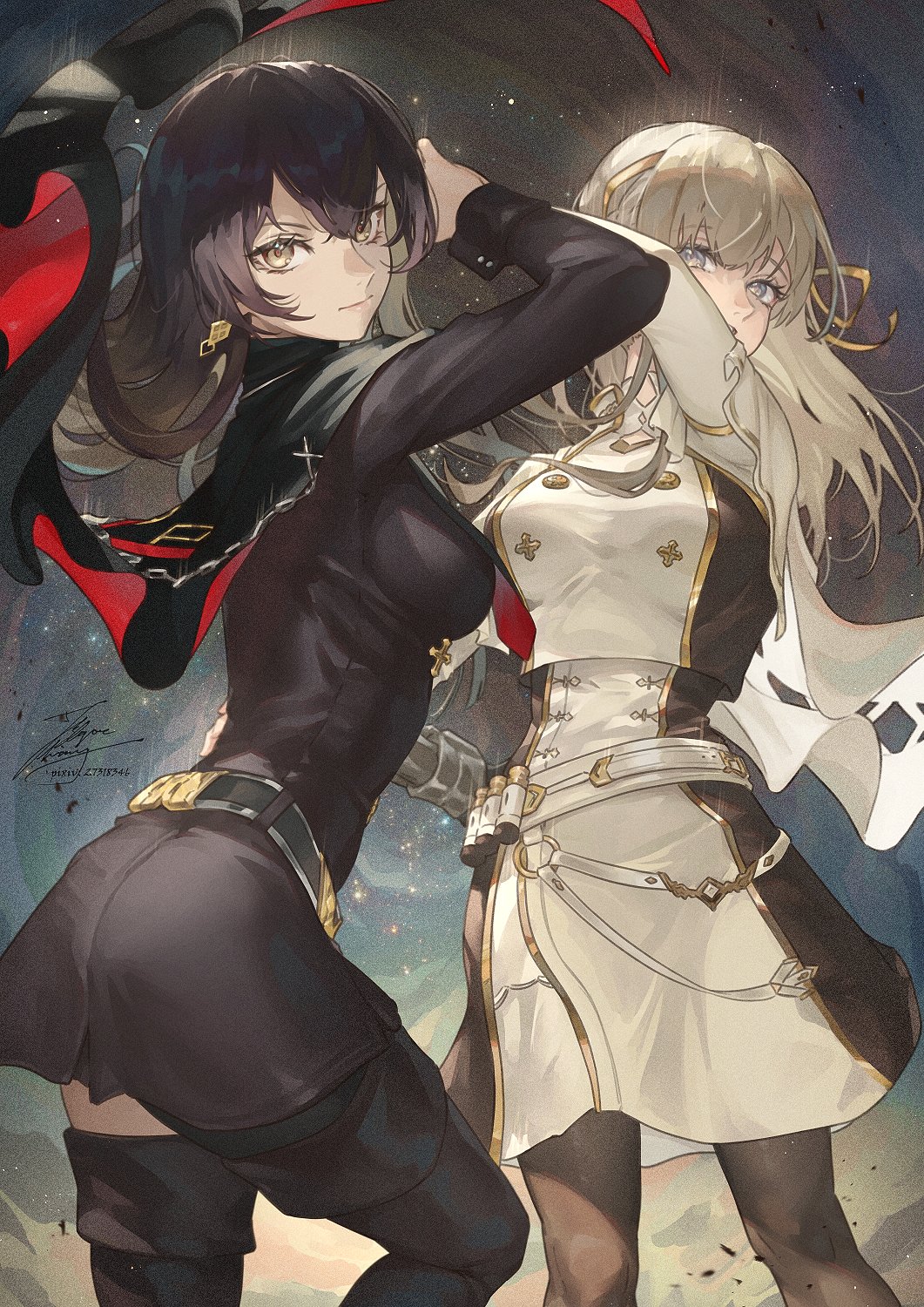 2girls, black_hair, blonde_hair, blue_eyes, boots, cape, commentary, earrings