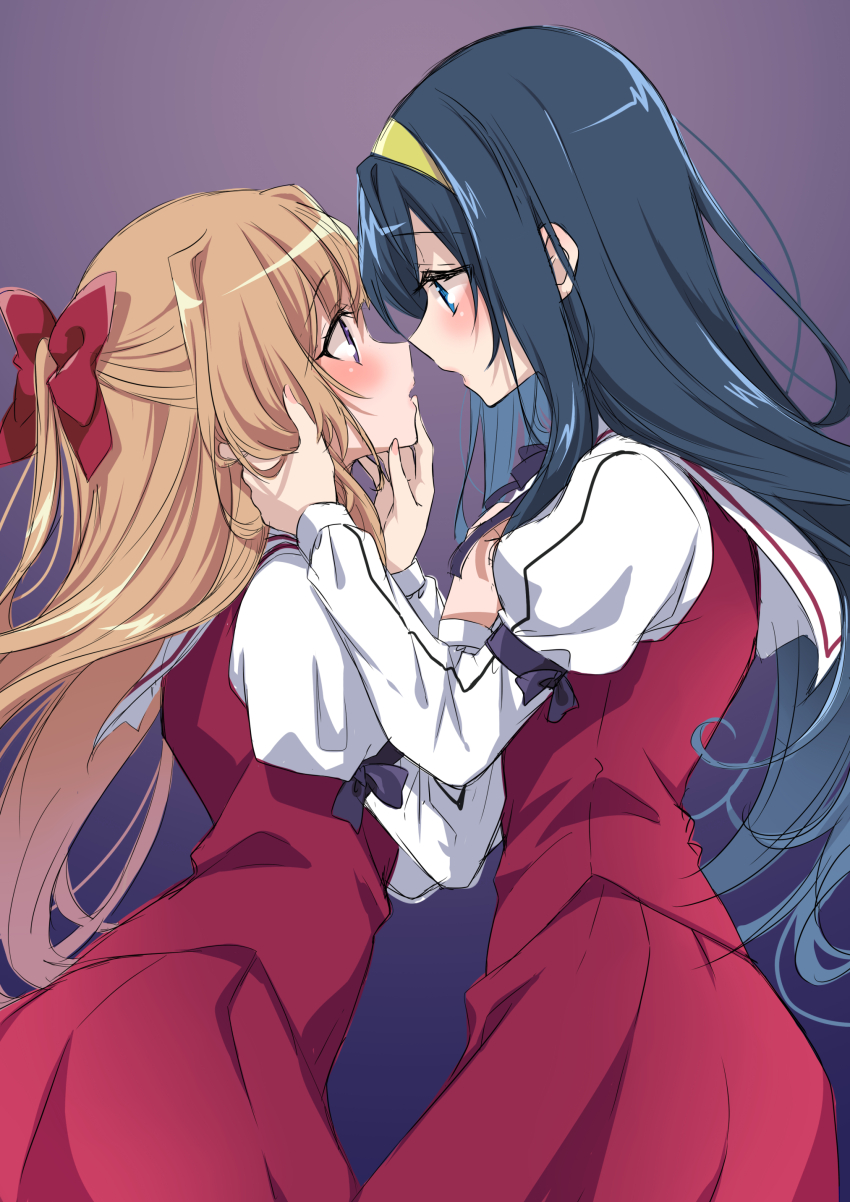 2girls, absurdres, blonde_hair, blue_hair, blush, bow, from_side, hair_bow