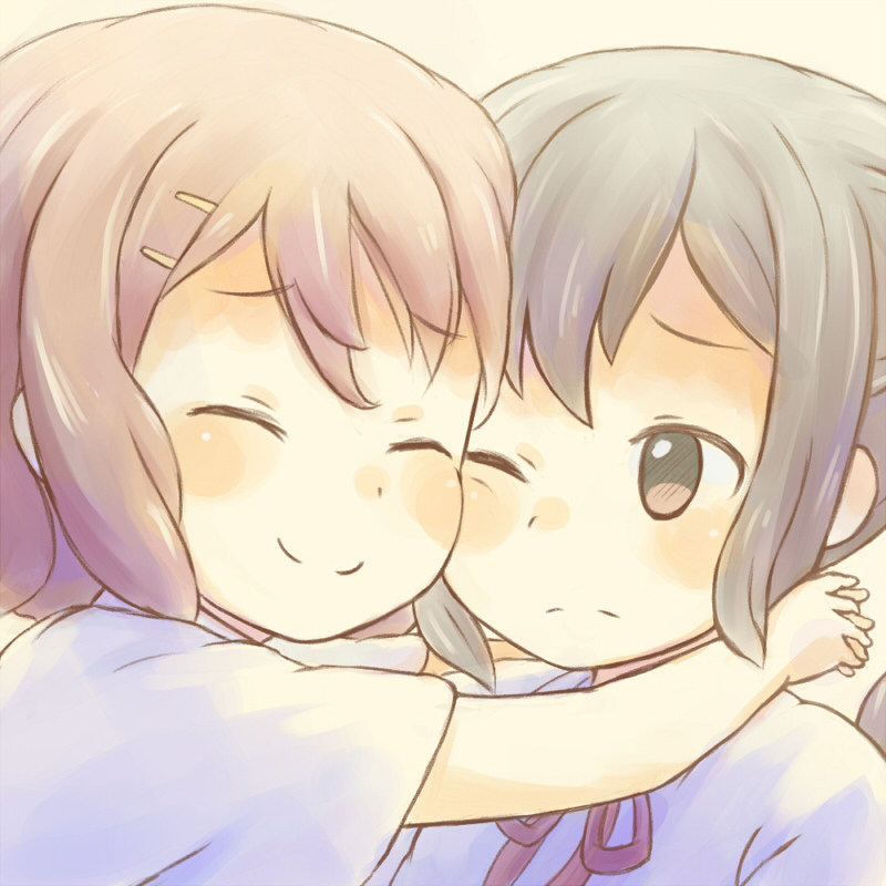 bad_id, bad_pixiv_id, black_hair, brown_eyes, brown_hair, closed_eyes, hirasawa_yui, hug, k-on!, long_hair, nakano_azusa, school_uniform, short_hair, unyagi, wink