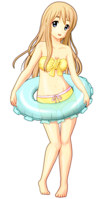 1girl, barefoot, bikini, bikini_top_only, blonde_hair, blue_eyes, eyebrows, female_focus, full_body, inaton, innertube, k-on!, kotobuki_tsumugi, long_hair, navel, short_shorts, shorts, simple_background, smile, solo, standing, swim_ring, swimsuit, yellow_bikini