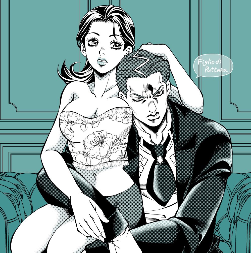 1boy, 1girl, alternate_hairstyle, bare_shoulders, breasts, cleavage, collarbone, commentary_request, couch, couple, crop_top, diavolo, donatella_una, formal_clothes, frown, hand_on_another's_head, hetero, hug, indoors, italian_text, jacket, jojo_no_kimyou_na_bouken, kid_(kidocchi), large_breasts, lips, long_sleeves, looking_away, medium_hair, midriff, navel, on_couch, parted_lips, sitting, sitting_on_person, skirt, speech_bubble, suit, translated, vento_aureo