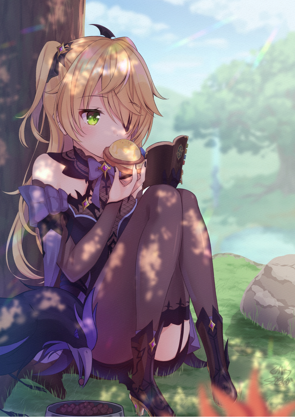 1girl, bare_shoulders, bat_ornament, bird, black_boots, black_ribbon, blonde_hair, blush, bodystocking, boots, bow, bowl, bowtie, breasts, collar, crow, dappled_sunlight, day, eating, eggs_benedict, eyepatch, fischl_(genshin_impact), fishnet_bodystocking, fishnets, garter_straps, genshin_impact, gloves, green_eyes, hair_over_one_eye, hair_ribbon, high_heels, highres, kugatsu_tooka, leotard, light_rays, long_hair, medium_breasts, notebook, outdoors, oz_(genshin_impact), pet_bowl, pet_food, purple_bow, purple_bowtie, purple_ribbon, reading, ribbon, single_glove, single_leg_pantyhose, single_sleeve, single_thighhigh, sitting, sky, sunbeam, sunlight, tailcoat, thighhighs, tree, tree_shade, two_side_up, under_tree, vision_(genshin_impact)