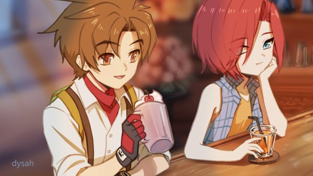 1boy, 1girl, artist_name, bare_shoulders, blue_eyes, blurry, blurry_background, bokujou_monogatari