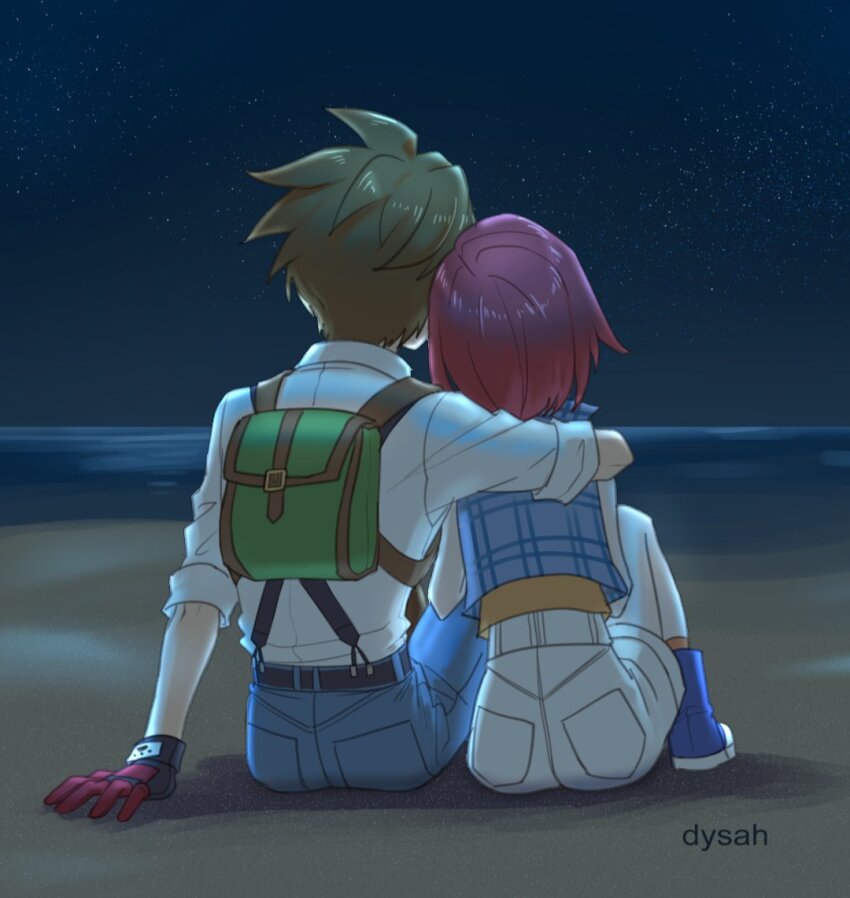 1boy, 1girl, artist_name, backpack, bag, bare_shoulders, beach, belt